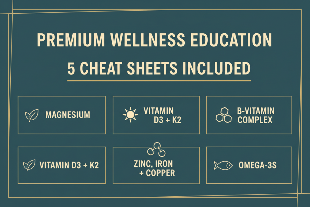 5 Cheat Sheets Included — Magnesium, D3+K2, B Vitamins, Zinc/Iron/Copper, Omega-3