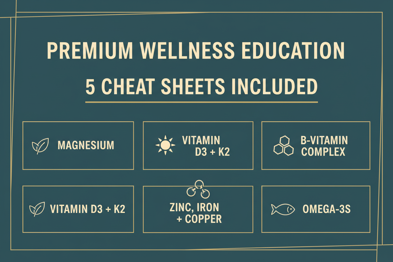 5 Cheat Sheets Included — Magnesium, D3+K2, B Vitamins, Zinc/Iron/Copper, Omega-3